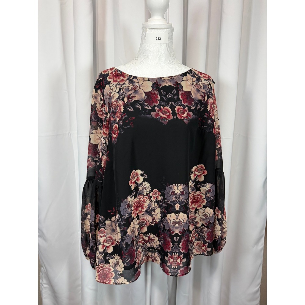 Boutique+ Women 1X Black Floral Bell Sleeve Blouse Scoop Neck Keyhole Back Top